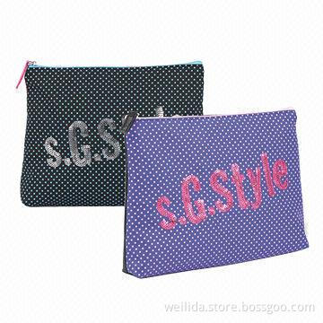 Dot Printed Polyester Cosmetic Bags with Glitter Embroidered Logos, Sized 23.5 x 2.5 x 17cm